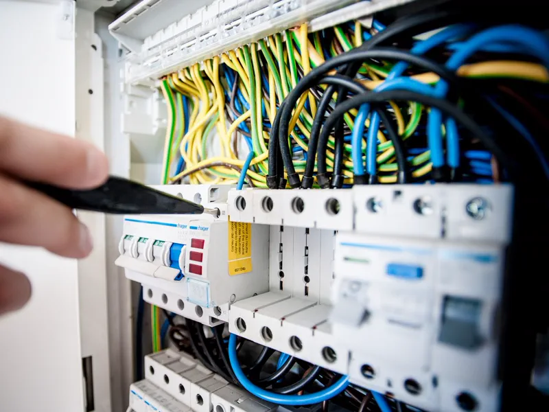Detalhe de quadro elétrico com disjuntores, dispositivo DR e cabeamento identificado por cores