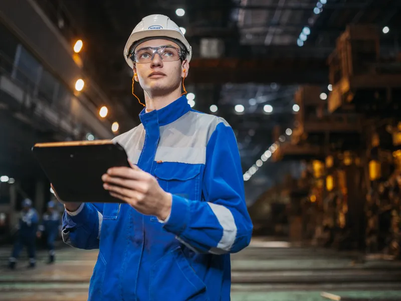 Inspetor com capacete, óculos de proteção e protetor auricular usando tablet dentro de planta industrial