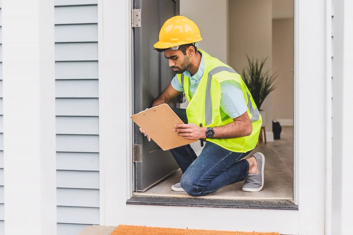 Profissional com EPI realizando inspeção predial de ambiente interno de edificação