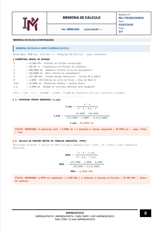 Memória de cálculo gerada pelo Sistema NR13 para casco cilíndrico conforme ASME Seção VIII Divisão 1 UG-27, com parâmetros, fórmulas e status de reprovação