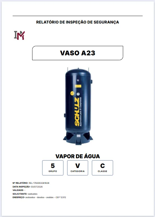 Capa do relatório de inspeção de segurança gerado pelo Sistema NR13, com TAG do vaso, grupo, categoria, classe e dados do relatório