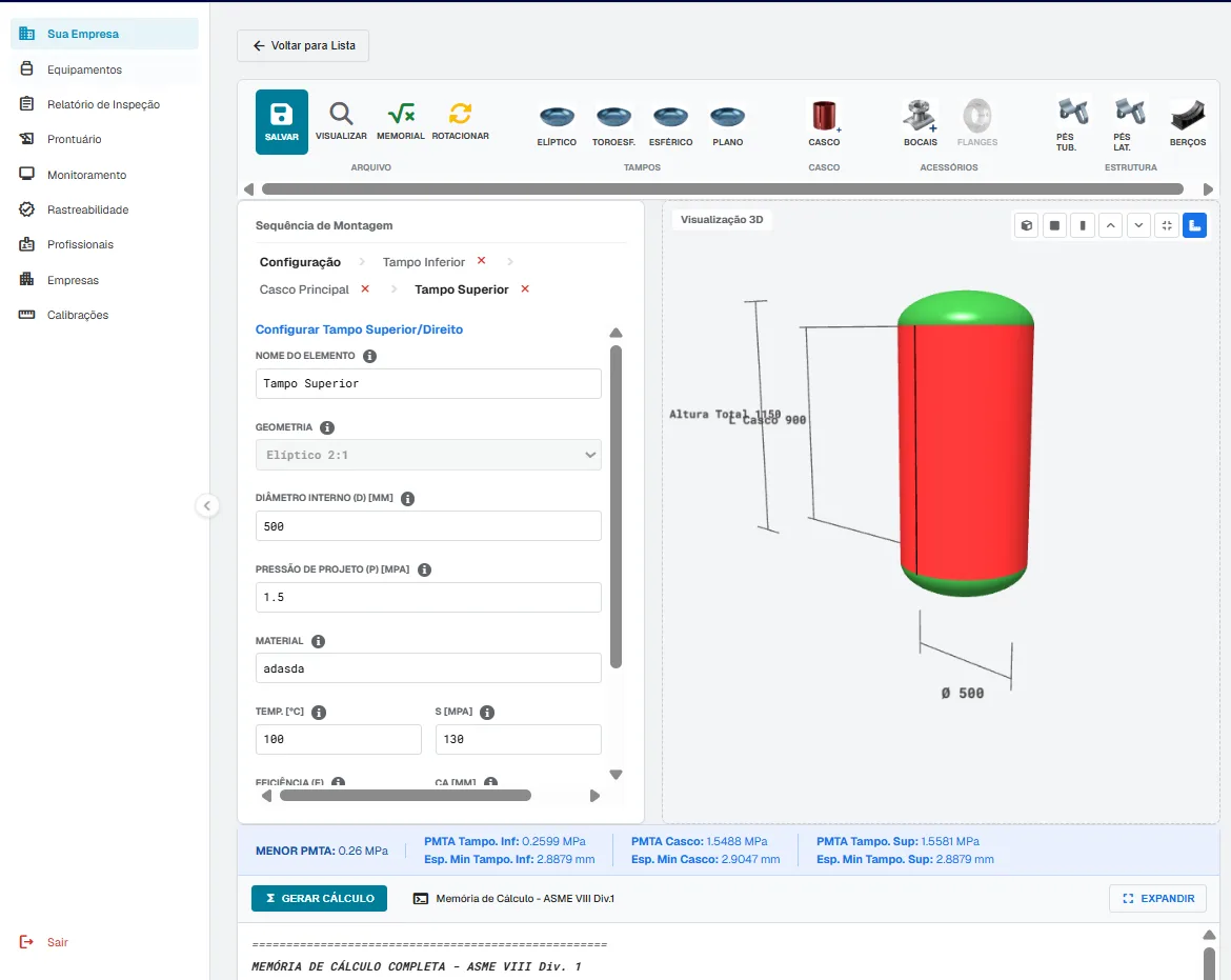 Modelagem 3D do vaso de pressão gerada pelo sistema